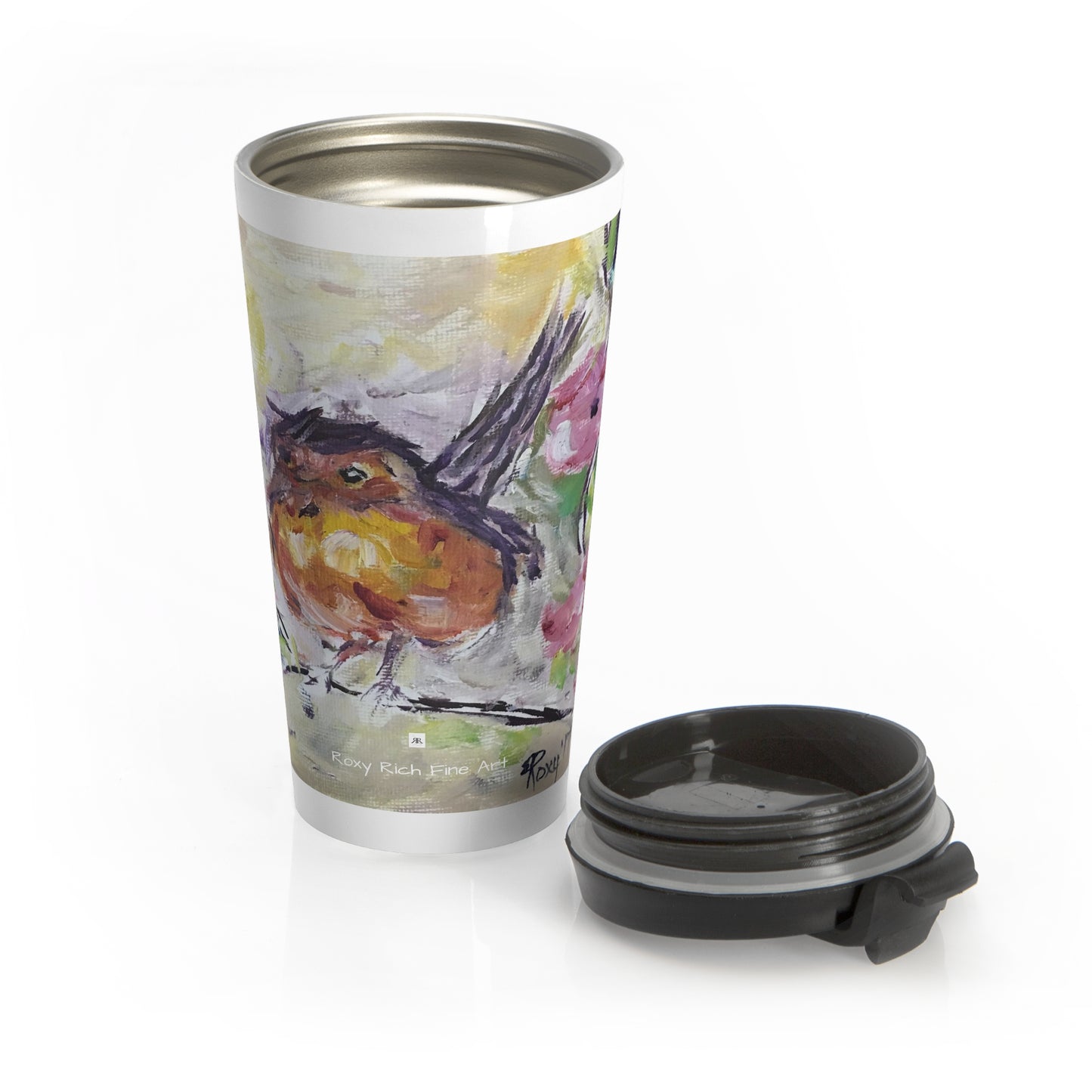 Robin in Cherry Blossoms Branch Stainless Steel Travel Mug