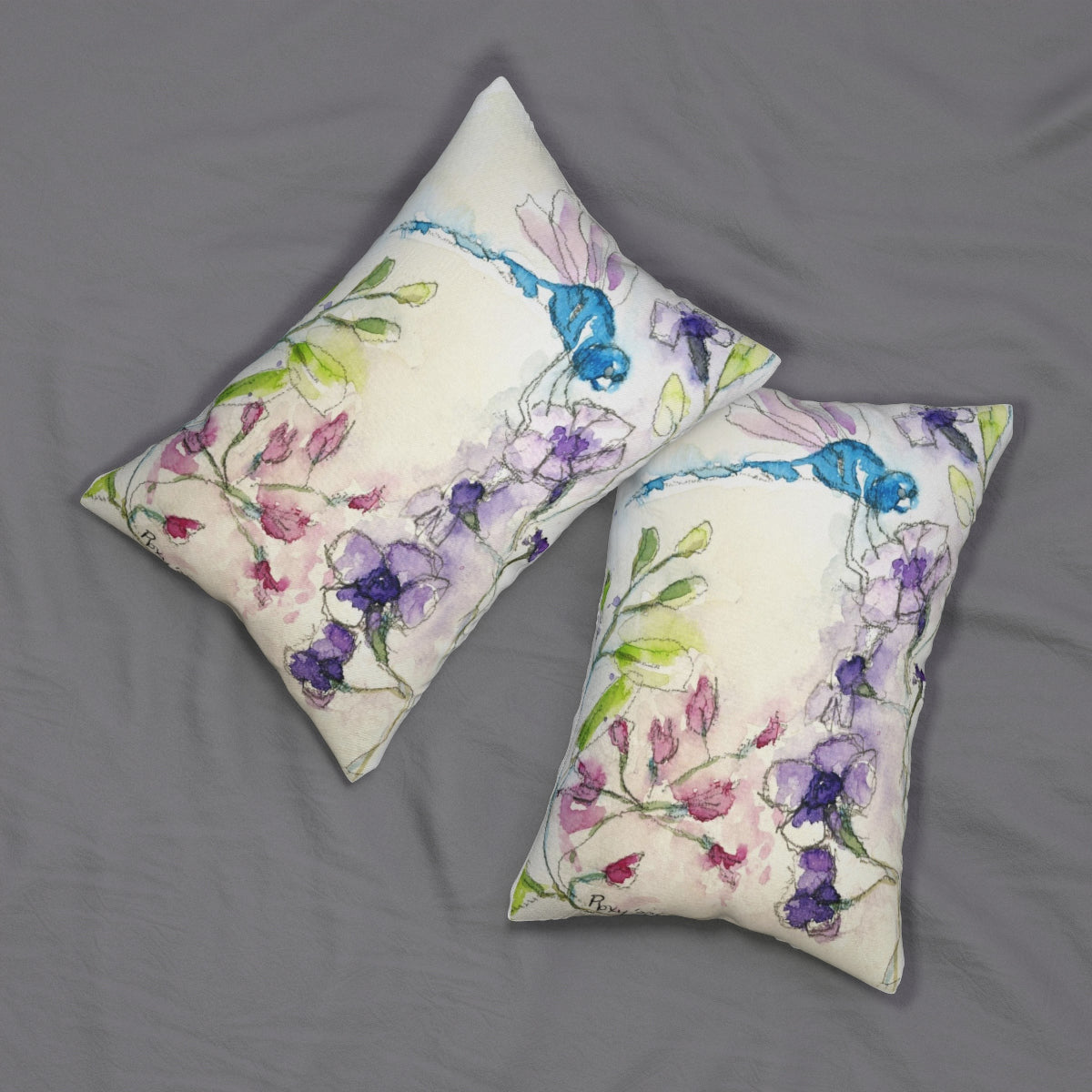 Dragonfly on Purple Tube Flowers Lumbar Pillow
