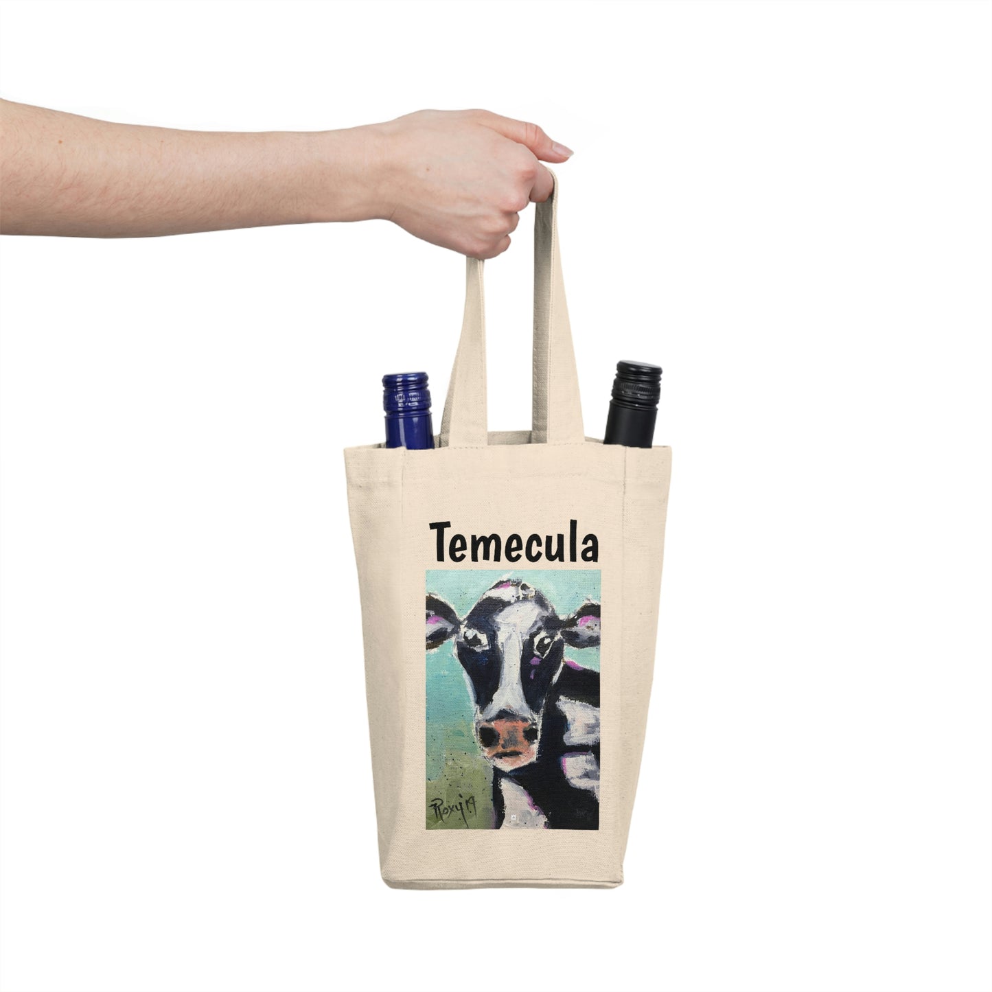 Temecula Double Wine Tote Bag featuring "Edna Cow" painting