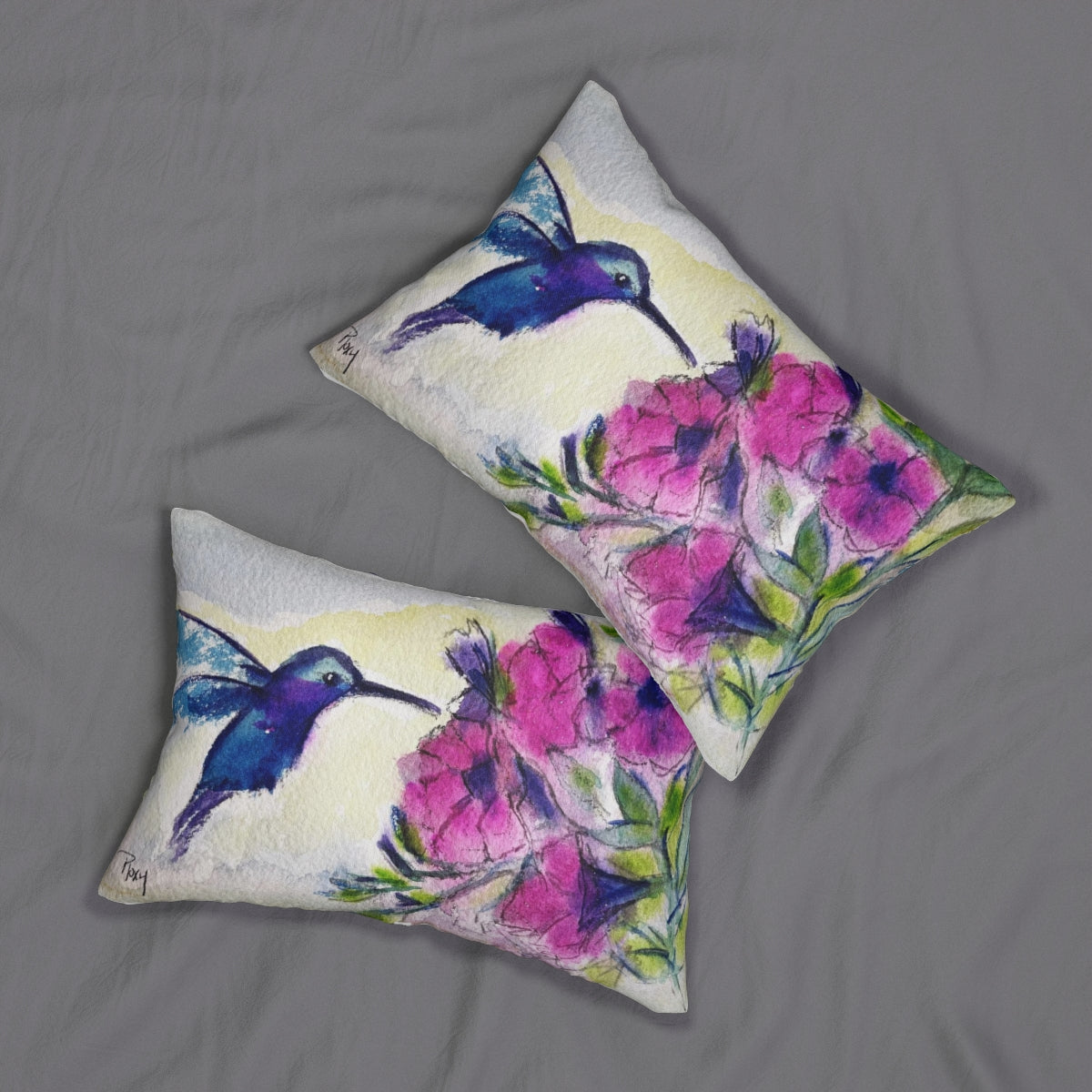 Hummingbird with Pink Flowers Lumbar Pillow