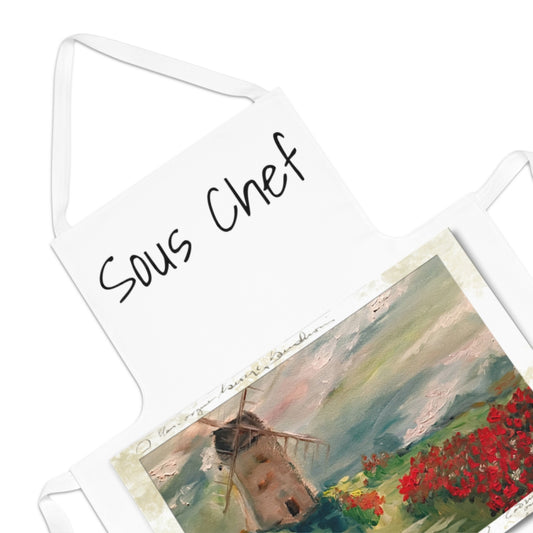 Delantal Sous Chef con molino de viento en un campo de amapolas Pintura de paisaje al óleo original impresa en él Regalo de cocina para cocineros Chef