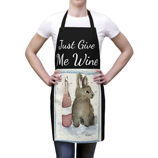 Just Give Me Wine Black Kitchen Apron  with  Bunny and Wine