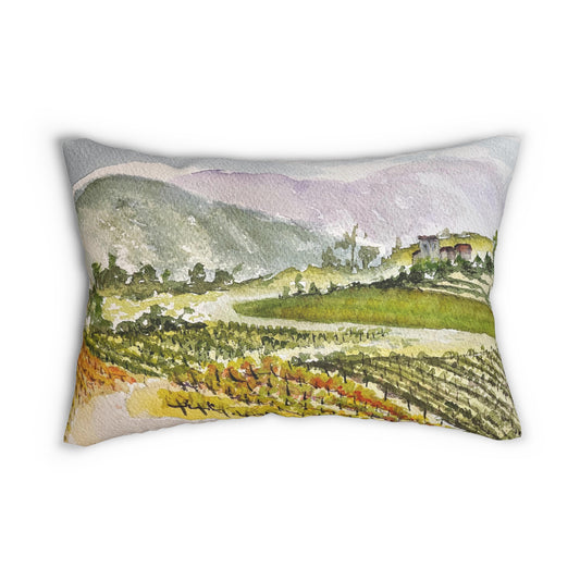 Temecula Lumbar Pillow featuring "Road down from the Villa at Gershon Bachus Vintners" painting and "Temecula"