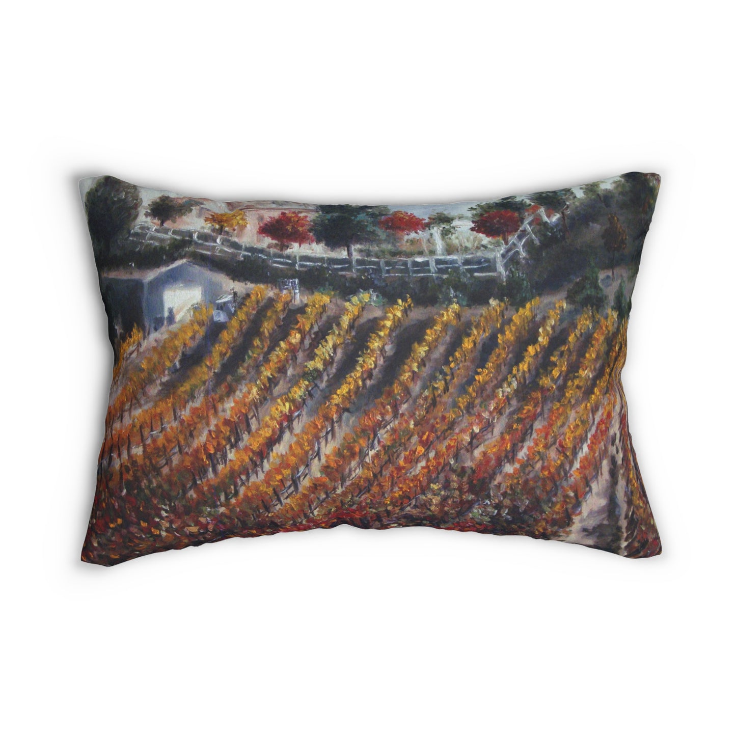 Temecula Lumbar Pillow featuring "Vindemia Winery in Autumn" painting and "Temecula"