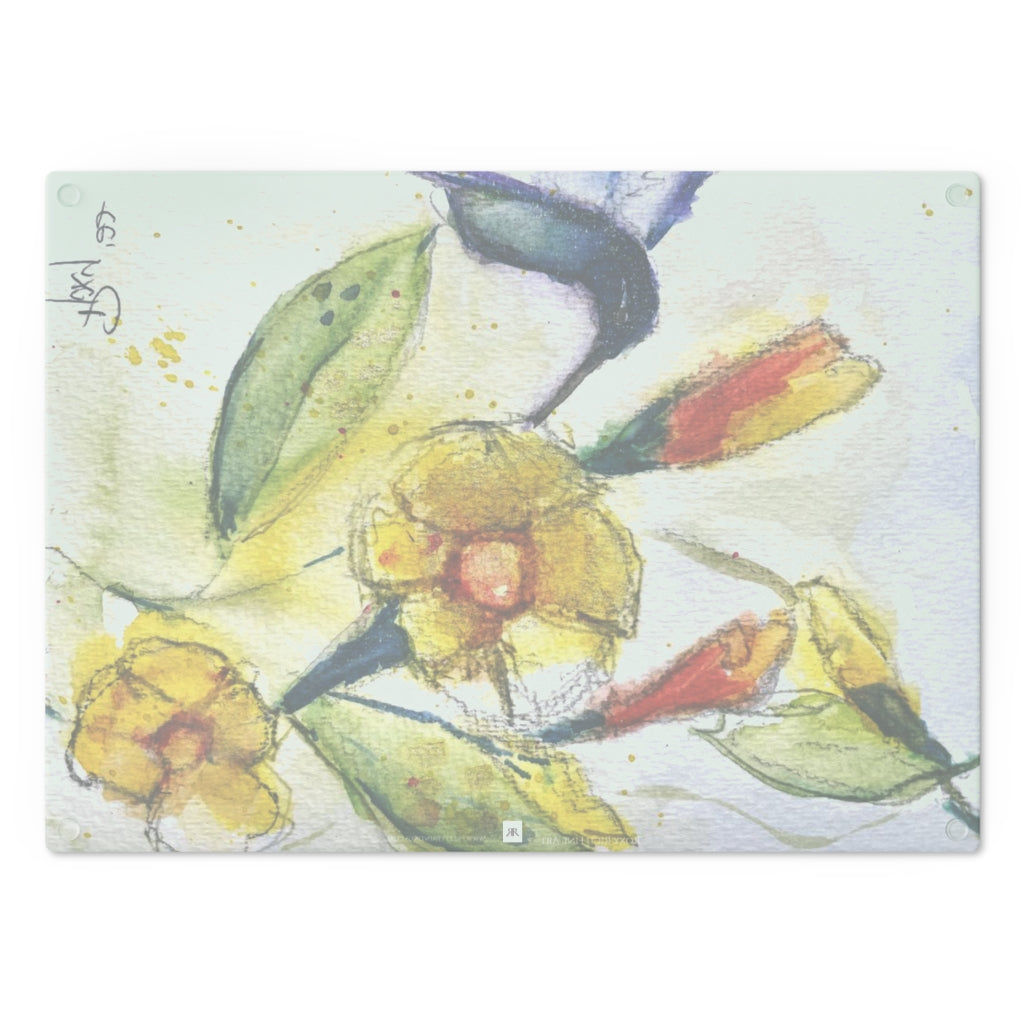 Hummingbird in Yellow Tube Flowers Glass Cutting Board