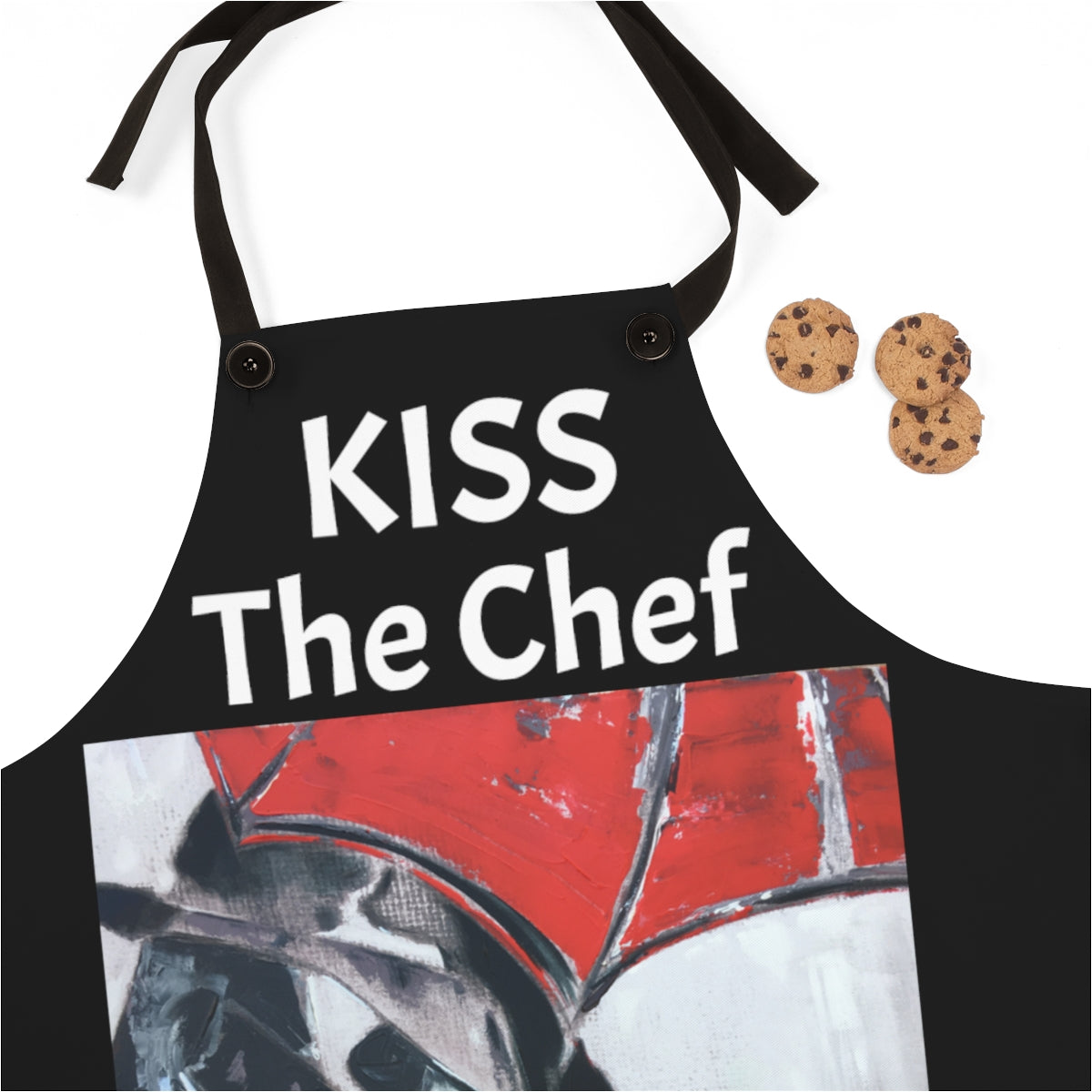 Besa al chef con un delantal de cocina negro con amantes originales bajo un paraguas rojo