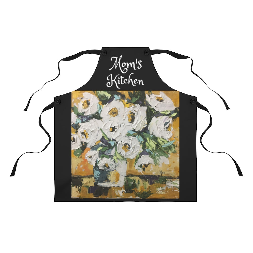 Mom's  Kitchen Chef  Black Kitchen Apron  with Original Shabby Roses Painting Art Print Wearable Art