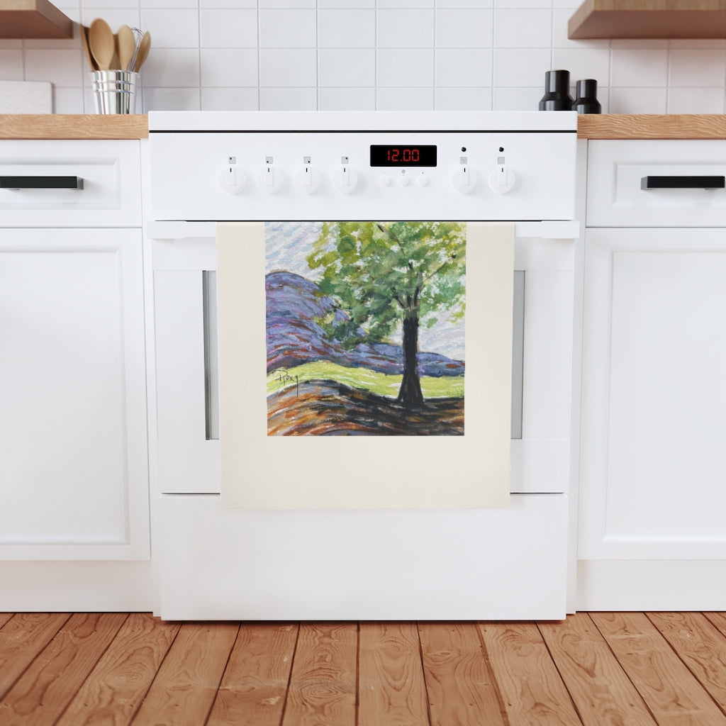 Organic Vegan Cotton Tea Towel  Original Tree Landscape   painting printed on it.