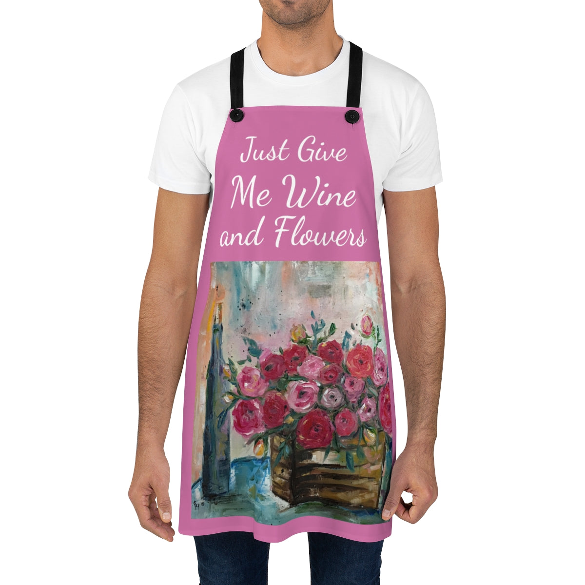 Sólo dame vino y flores en un delantal de cocina rosa