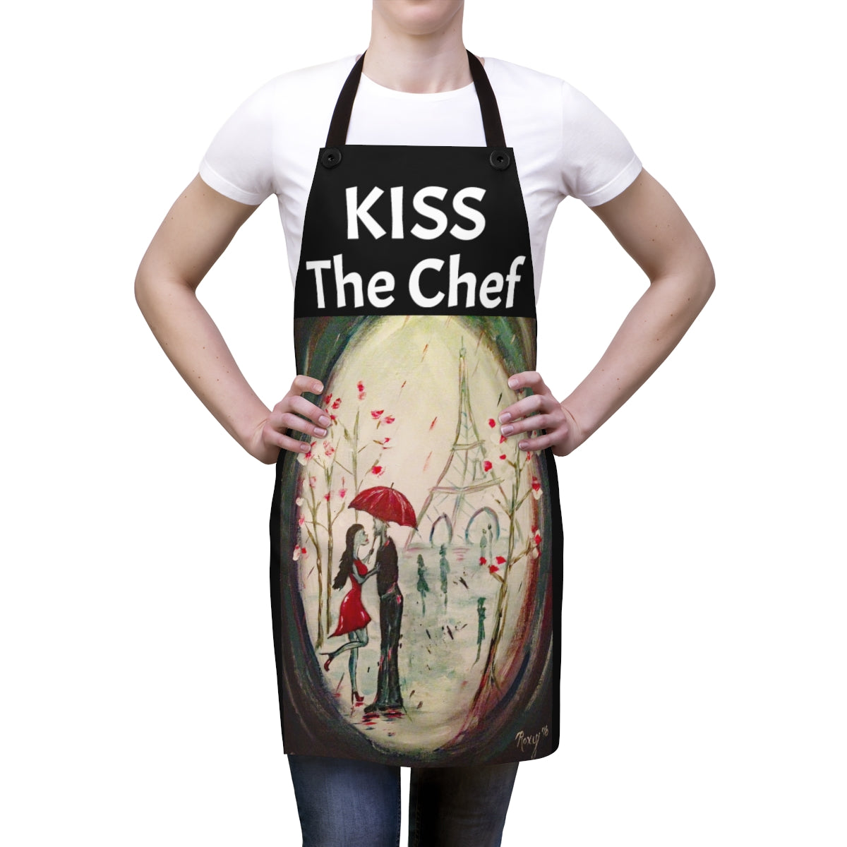 Kiss the Chef on a Black Kitchen Apron  with Original Paris Lovers Painting Art Print