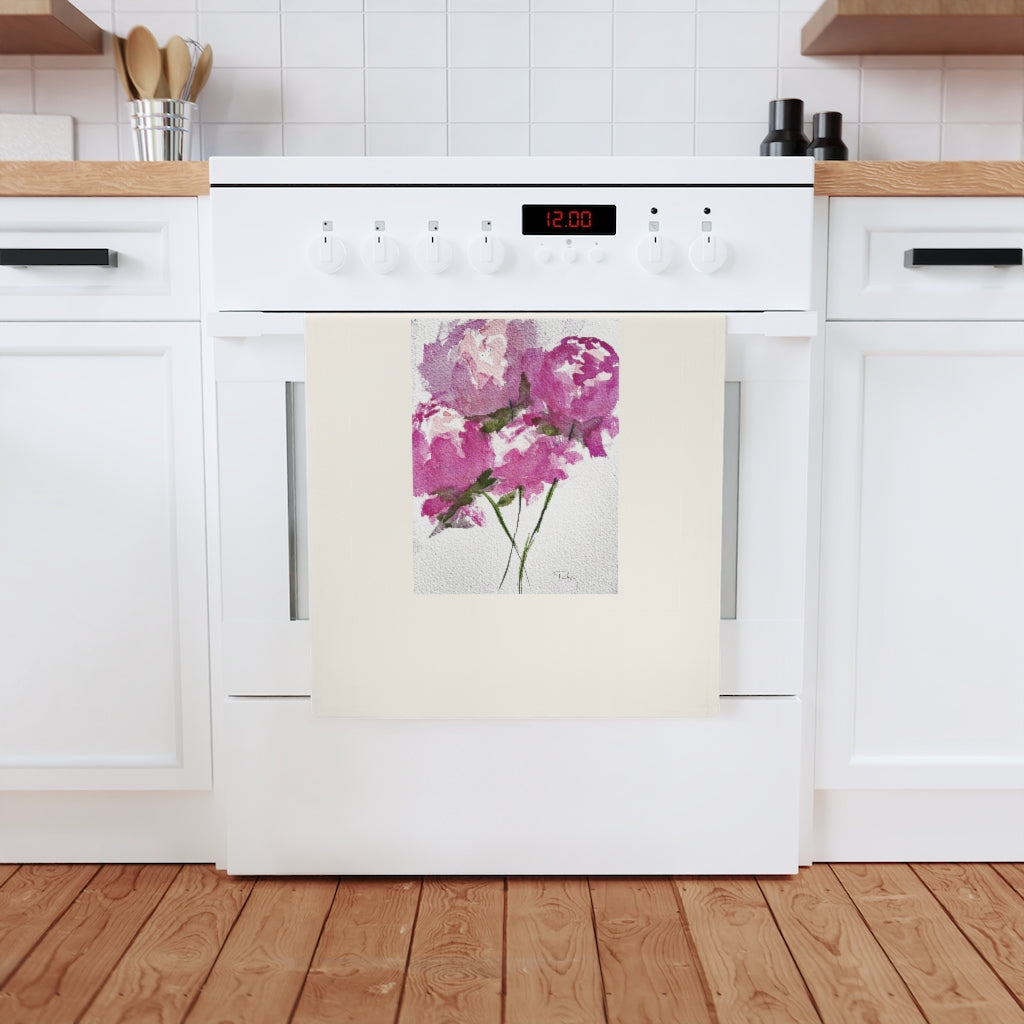 Organic Vegan Cotton Tea Towel with Happy Kitchen and Original Peonies Watercolor  painting printed on it.