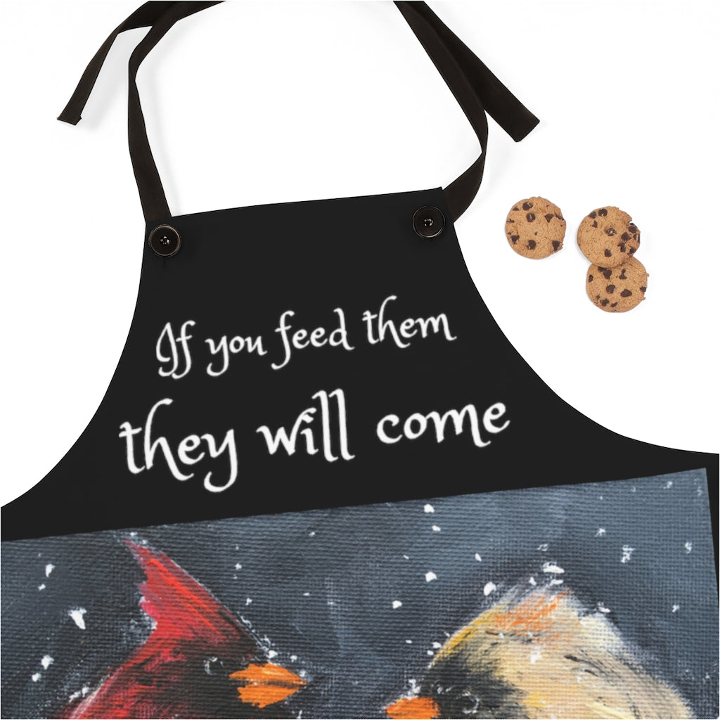 If you feed them they will come cute Kitchen Apron  with male and female cardinals in the snow painting by Roxy Art Print Wearable Art