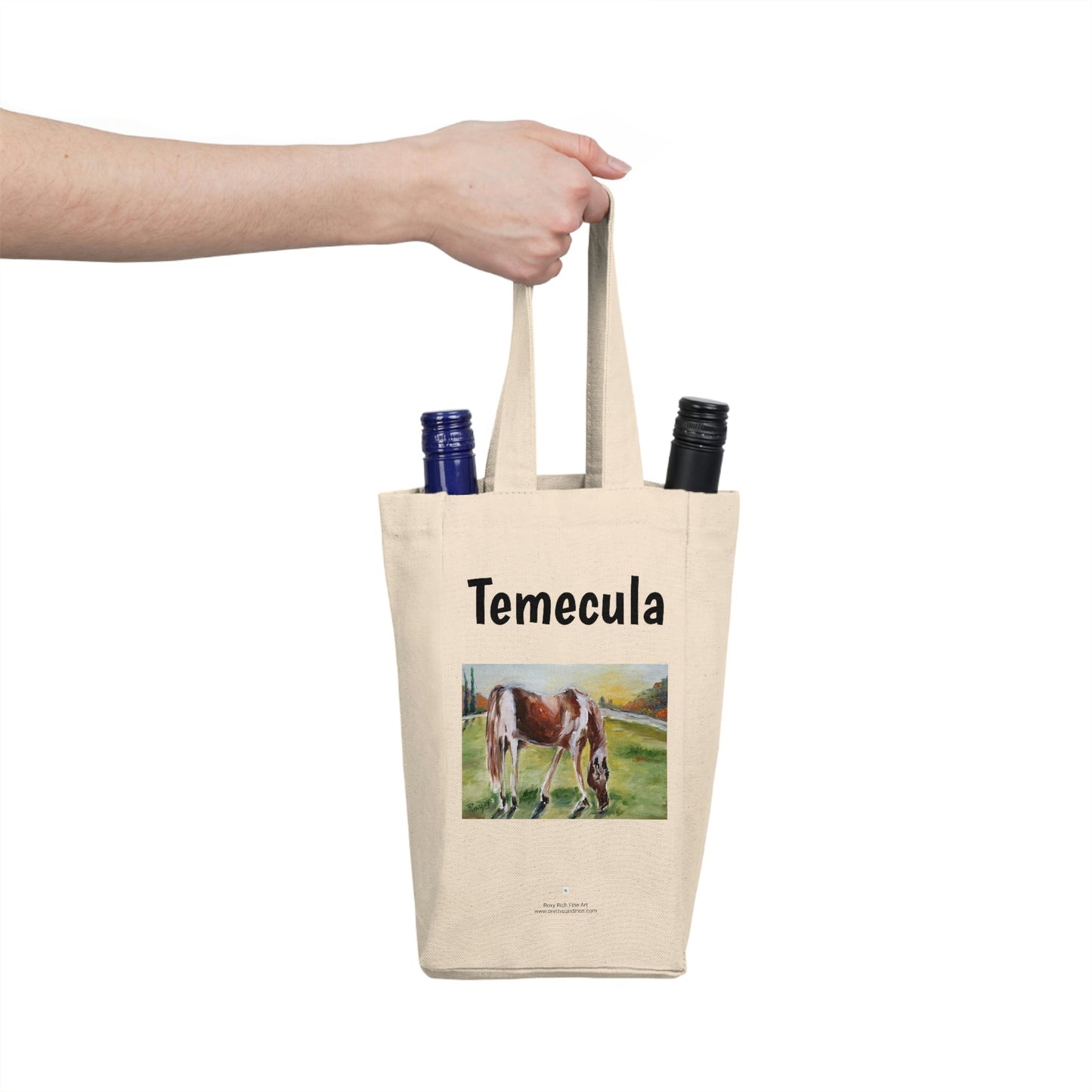 Temecula Double Wine Tote Bag con pintura de paisaje de caballos "Lazy Grazing"