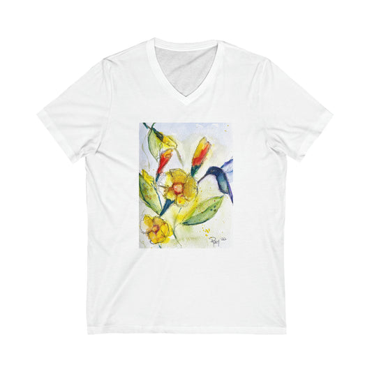 Colibrí en flores de tubo amarillo-Camiseta unisex de manga corta con cuello en V