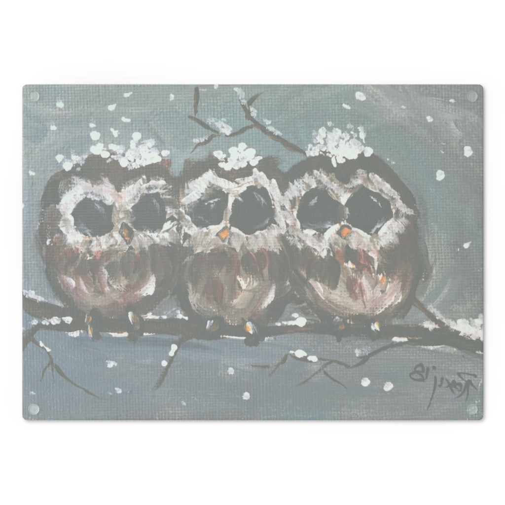 Three Cute Owl Chicks  Glass Cutting Board