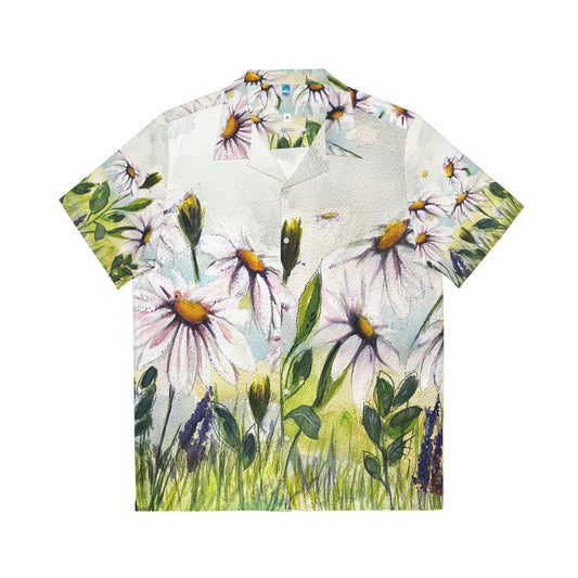 Daisy Meadow Original Loose Floral Watercolor Landscape Men's Hawaiian Shirt