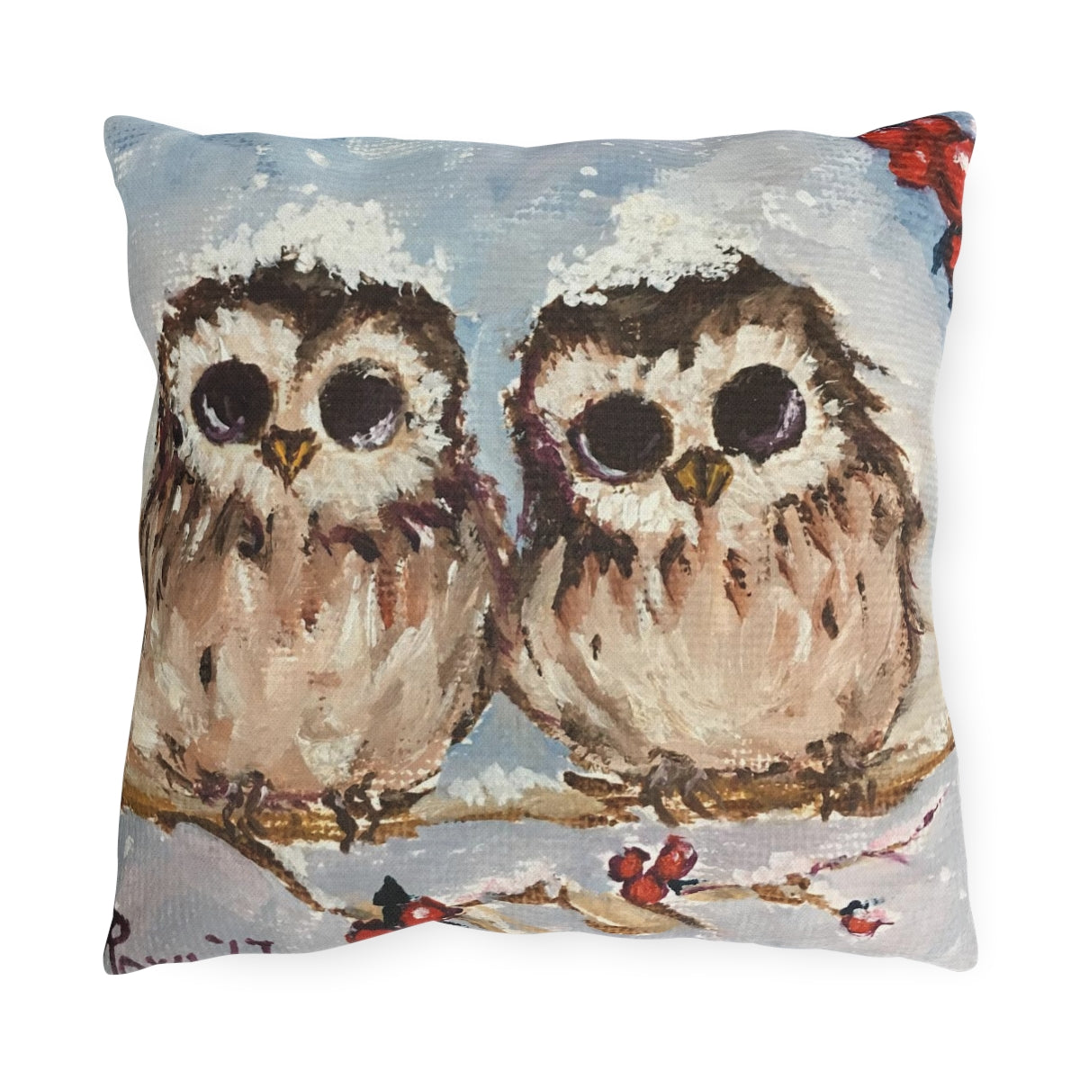 Adorable Baby Owls in Snow Outdoor Pillows