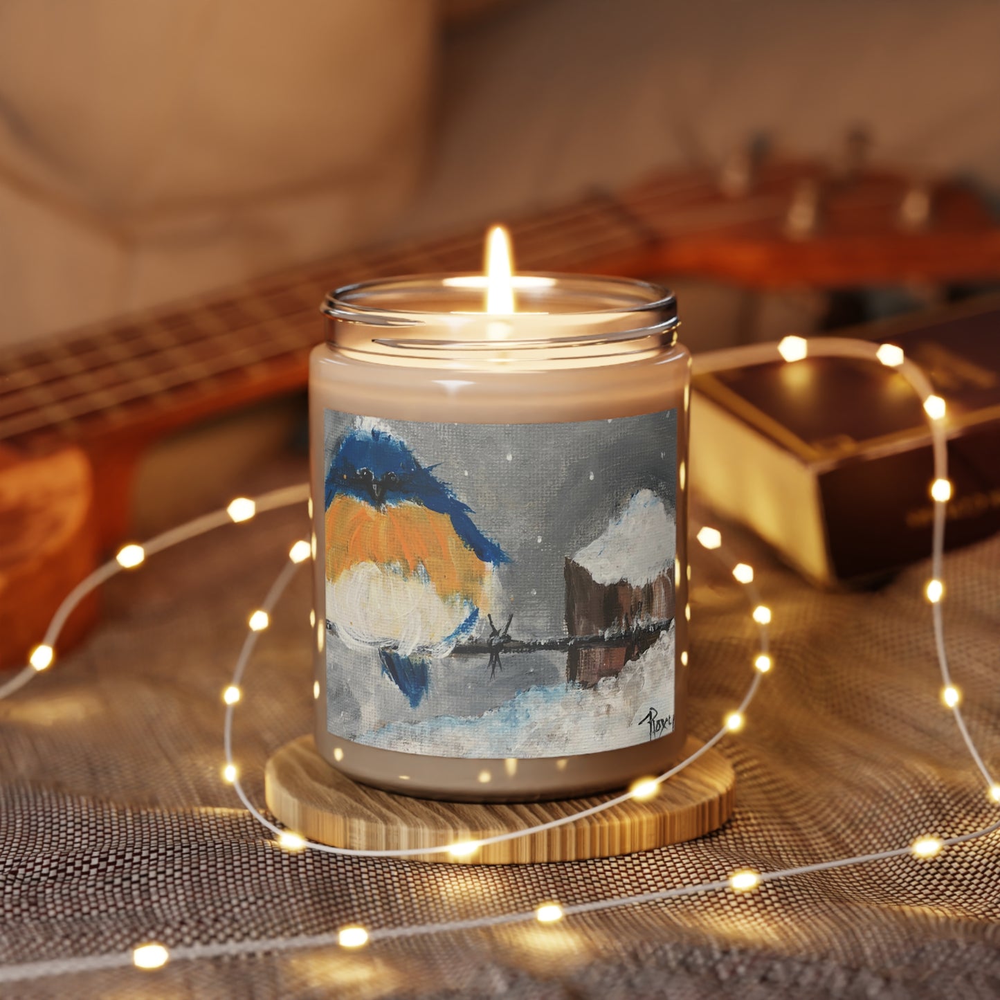 Fluffy Bluebird on Snowy Barbed Wire Candle