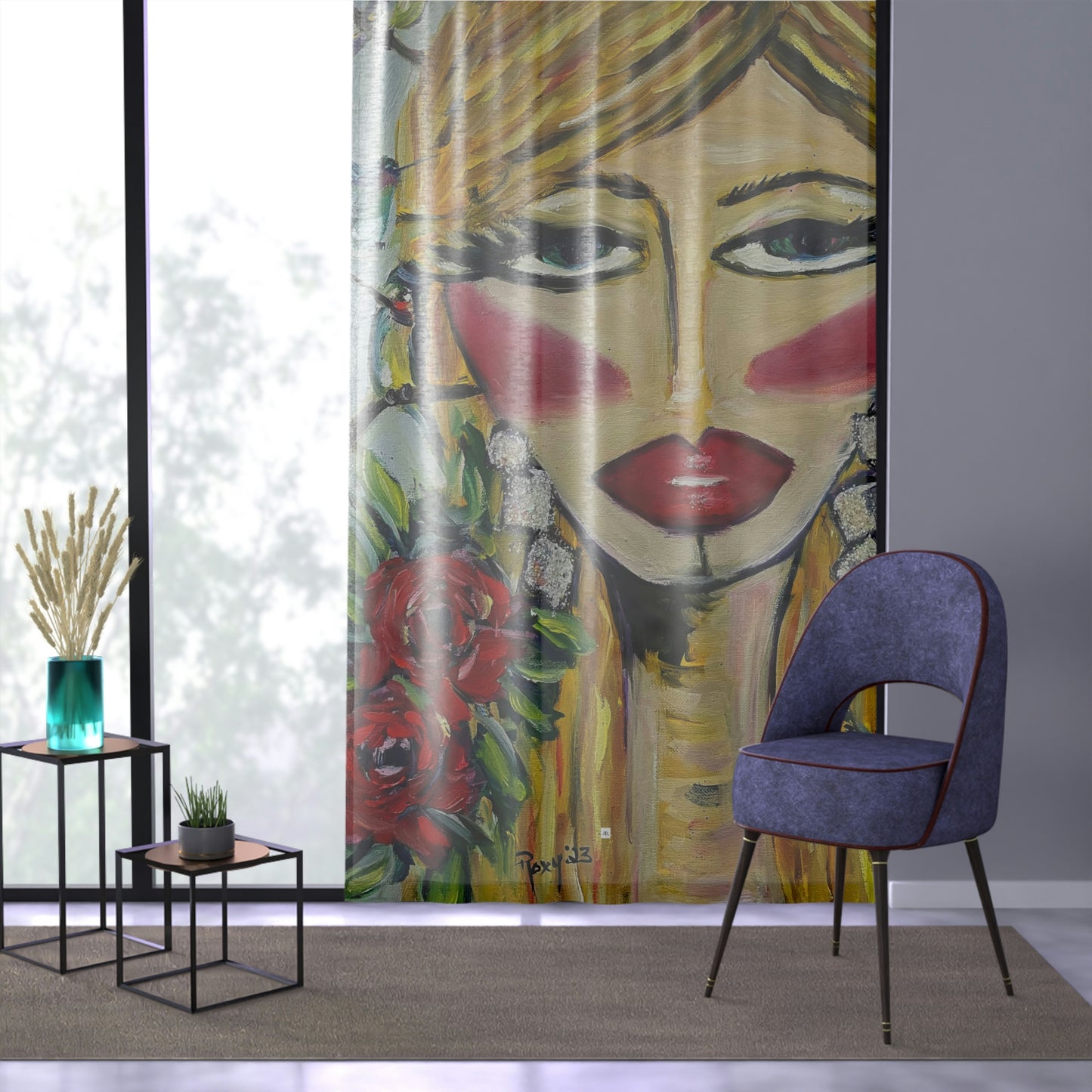 Hummingbird Lady #1 (left side) 84 x 50 inch Sheer Window Curtain