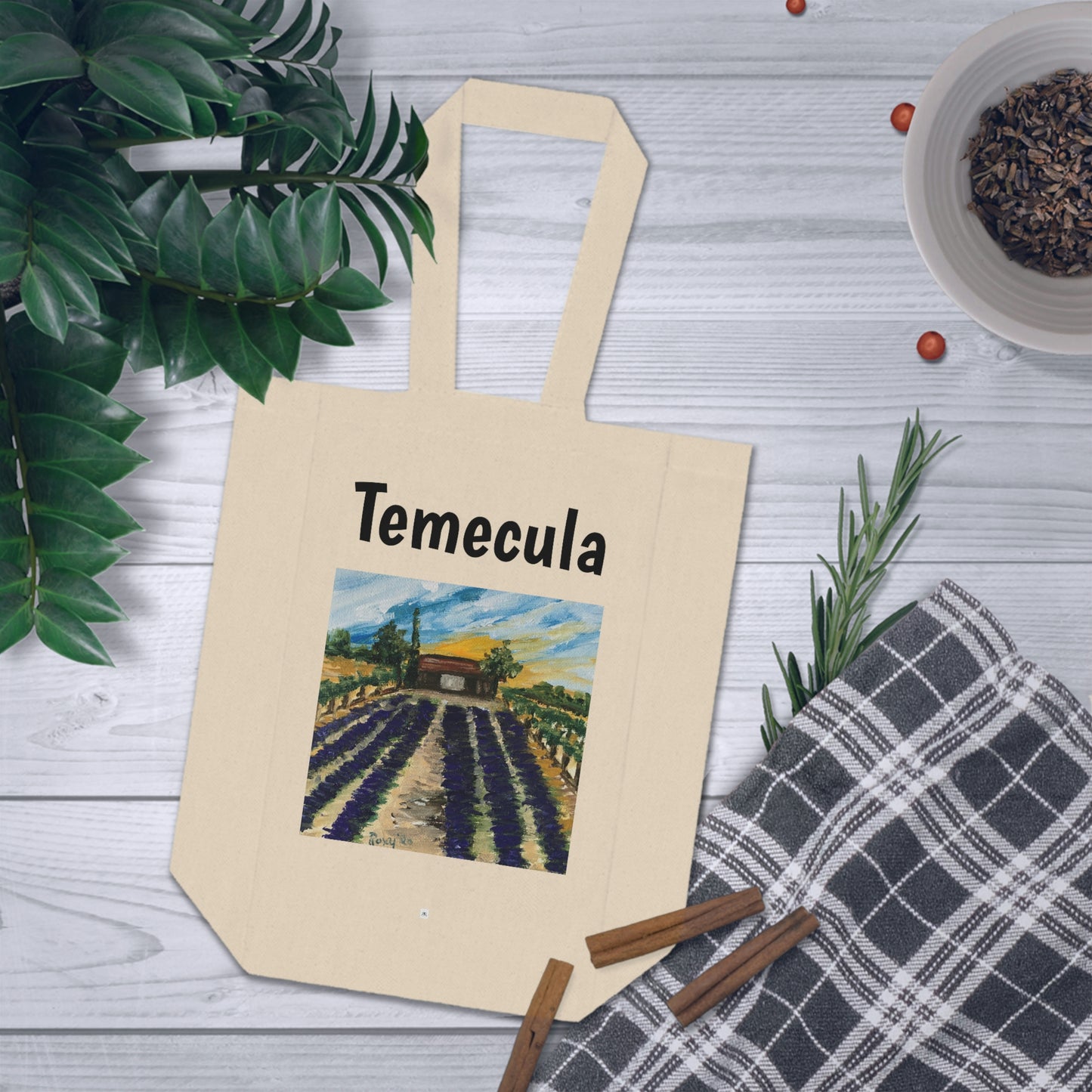 Temecula Double Wine Tote Bag featuring "Temecula Lavender Farm" painting