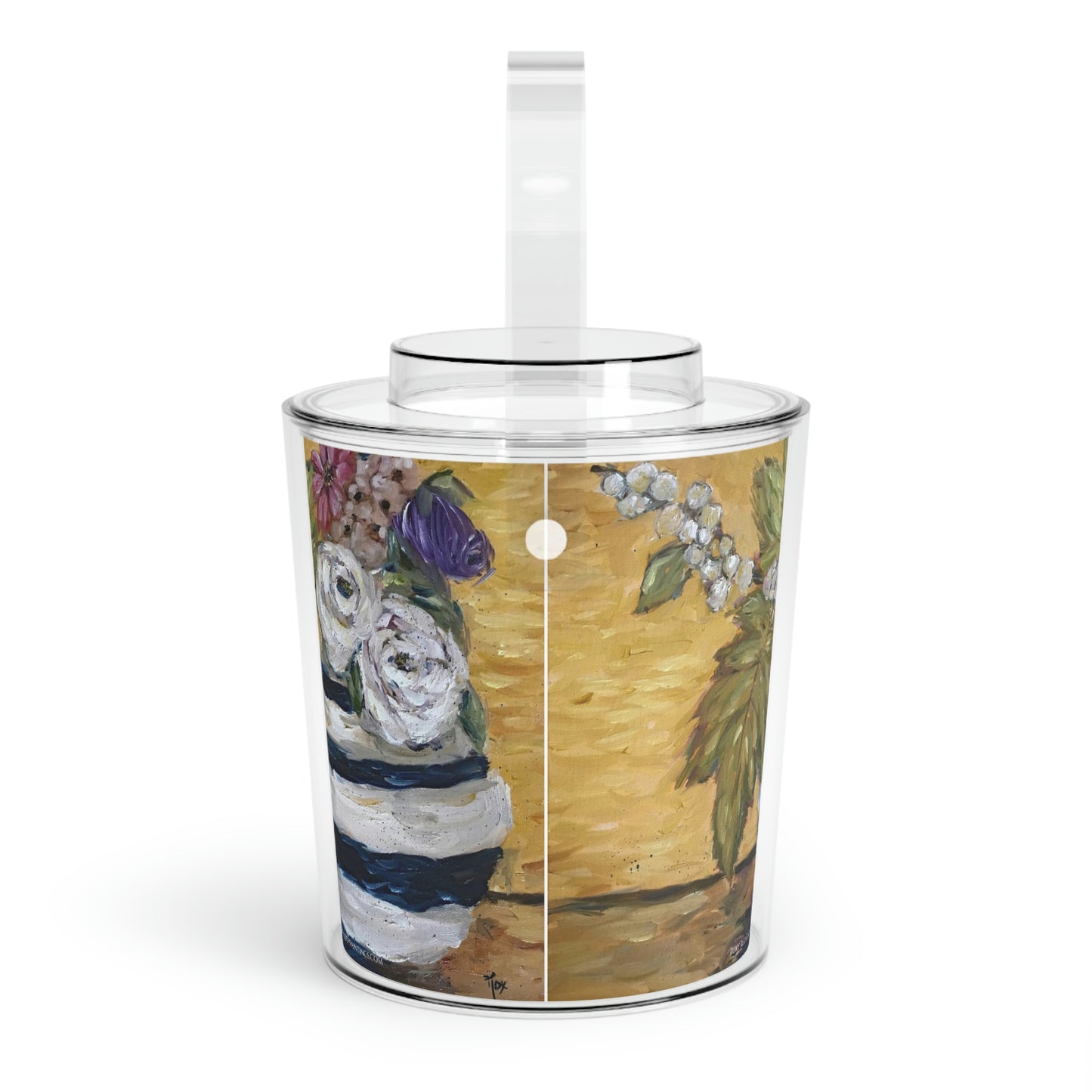 White Roses in a Striped Vase Ice Bucket