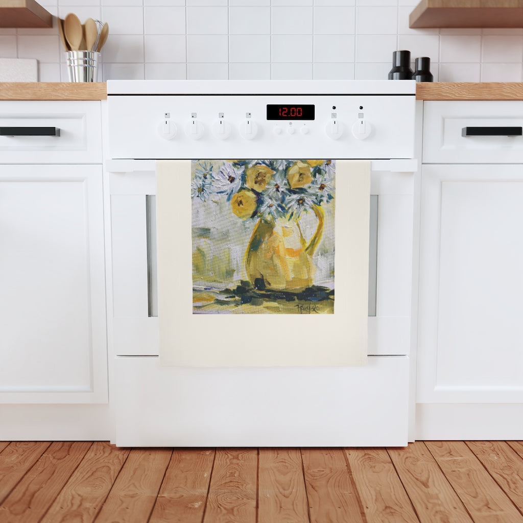Organic Vegan Cotton Tea Towel with Original Daisies and Yellow Roses oil painting printed on it.