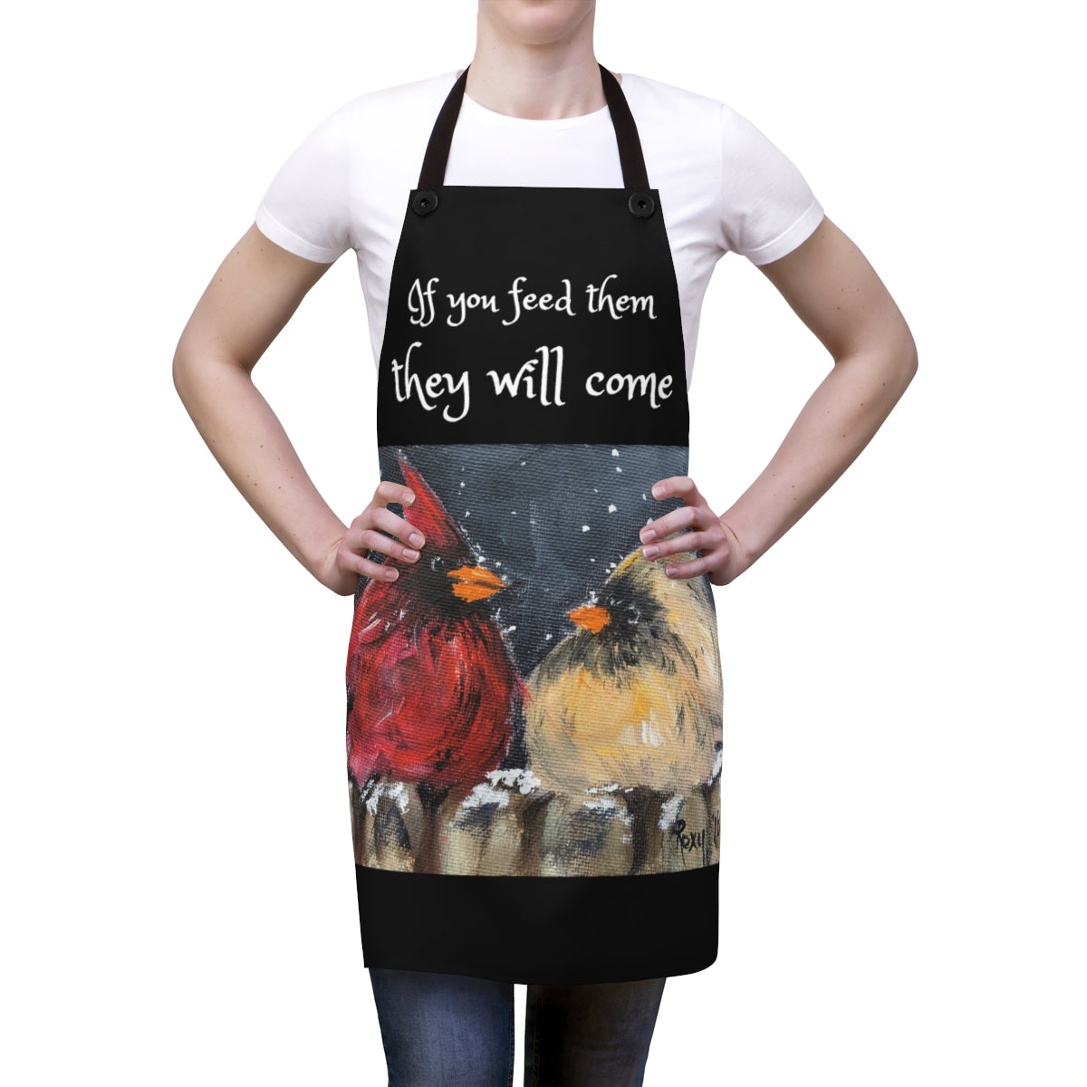 If you feed them they will come cute Kitchen Apron  with male and female cardinals in the snow painting