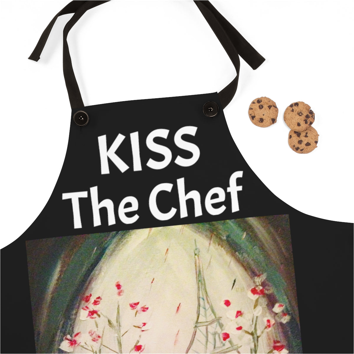 Kiss the Chef on a Black Kitchen Apron  with Original Paris Lovers Painting Art Print