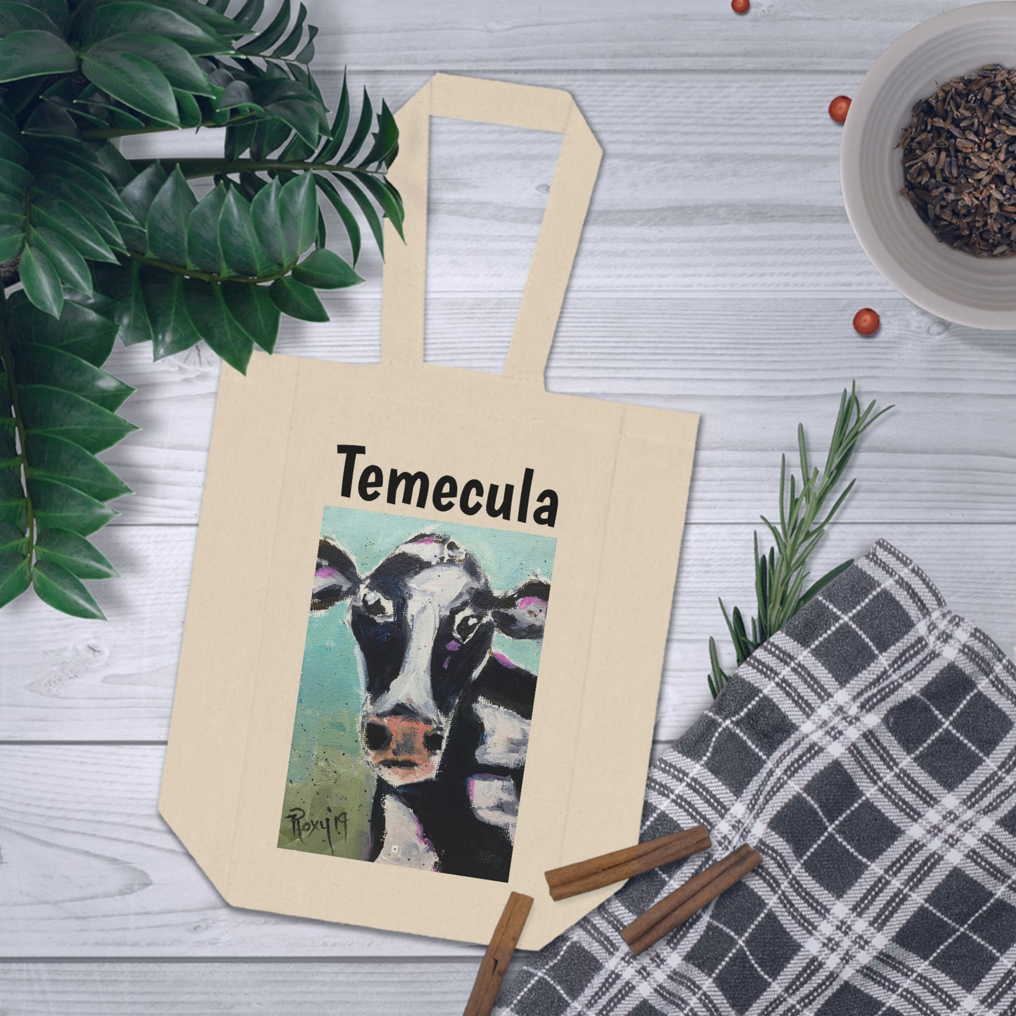 Temecula Double Wine Tote Bag featuring "Edna Cow" painting