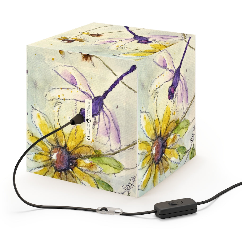 Purple Dragonfly on Yellow Coneflower Cube Lamp