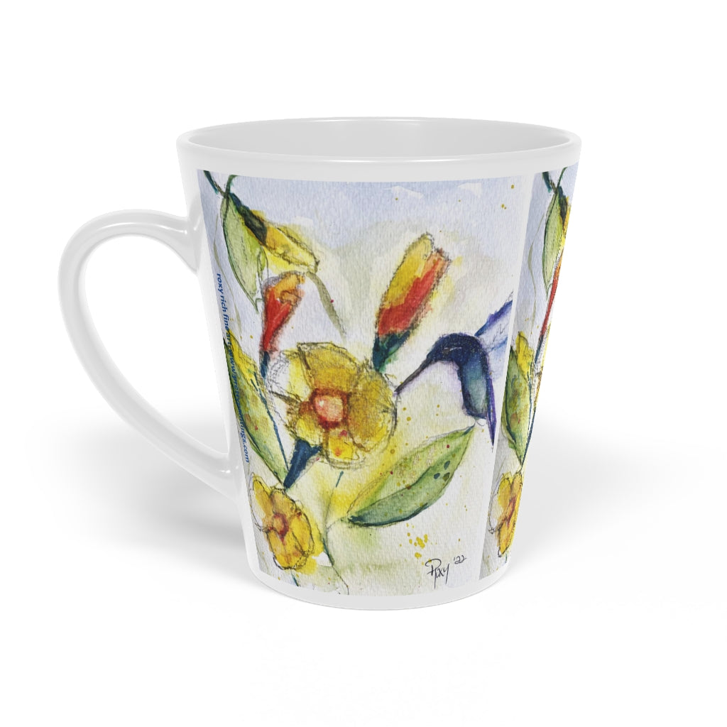 Tasse à latte Colibri bleu avec fleurs en tube jaune, 12 oz