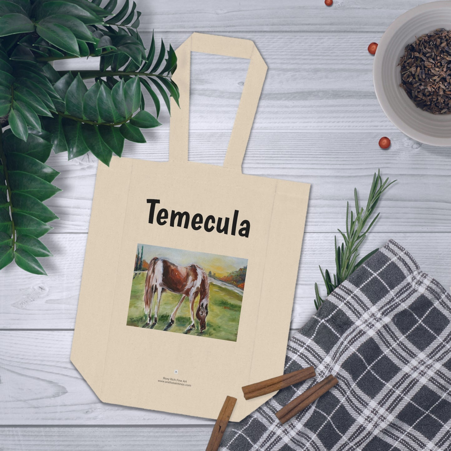 Temecula Double Wine Tote Bag con pintura de paisaje de caballos "Lazy Grazing"