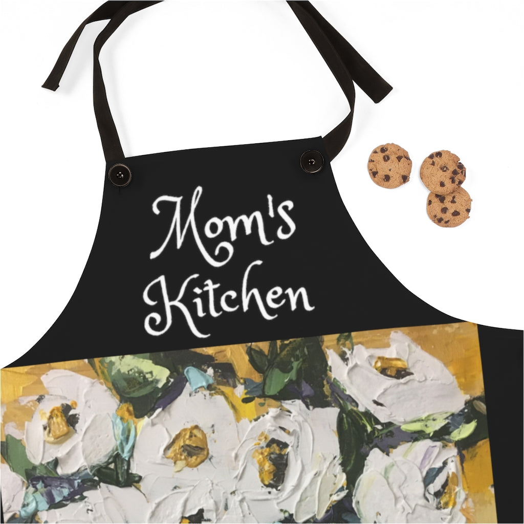 Mom's  Kitchen Chef  Black Kitchen Apron  with Original Shabby Roses Painting Art Print Wearable Art