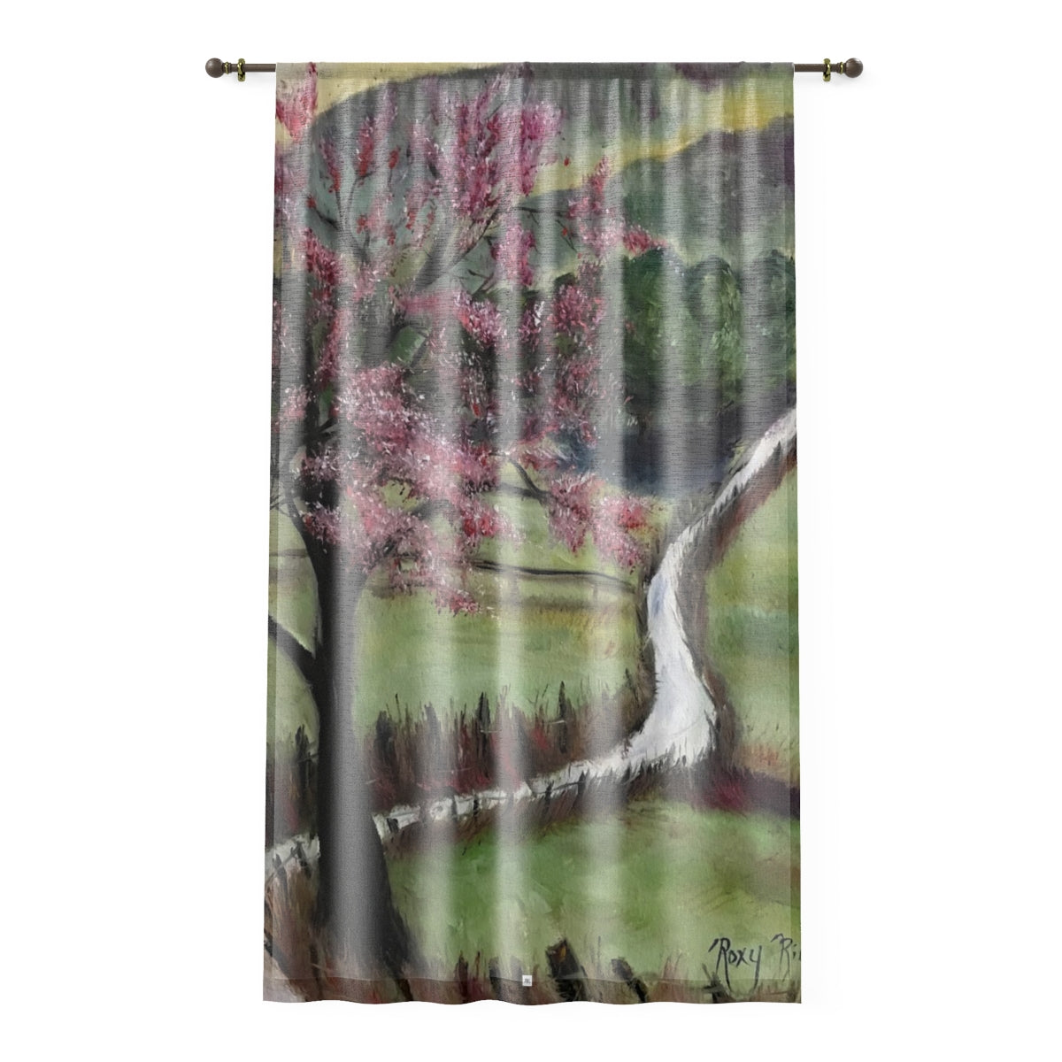 Cherry Blossom English Countryside (Cotswolds) print on 84 x 50 inch Sheer Window Curtain