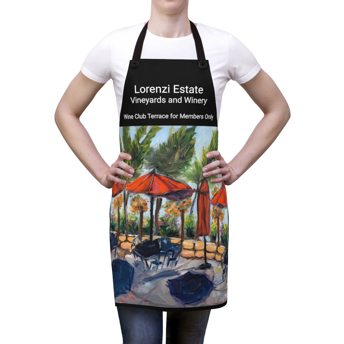 Lorenzi Estate Vineyards and Winery Painting of the Members Only Wine Club Terrace  Printed on Black Apron