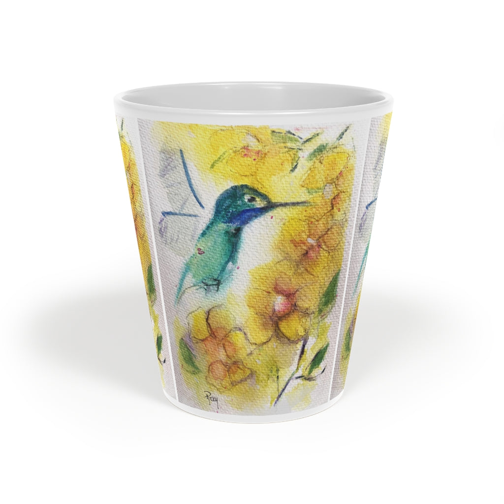 Hummingbird among Yellow Flowers Latte Mug, 12oz