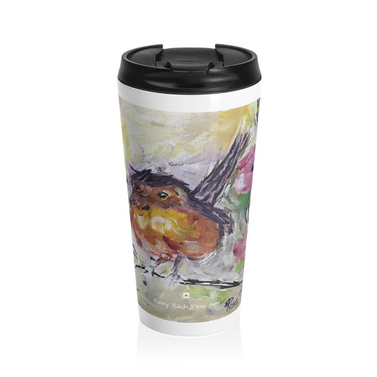 Robin in Cherry Blossoms Branch Stainless Steel Travel Mug