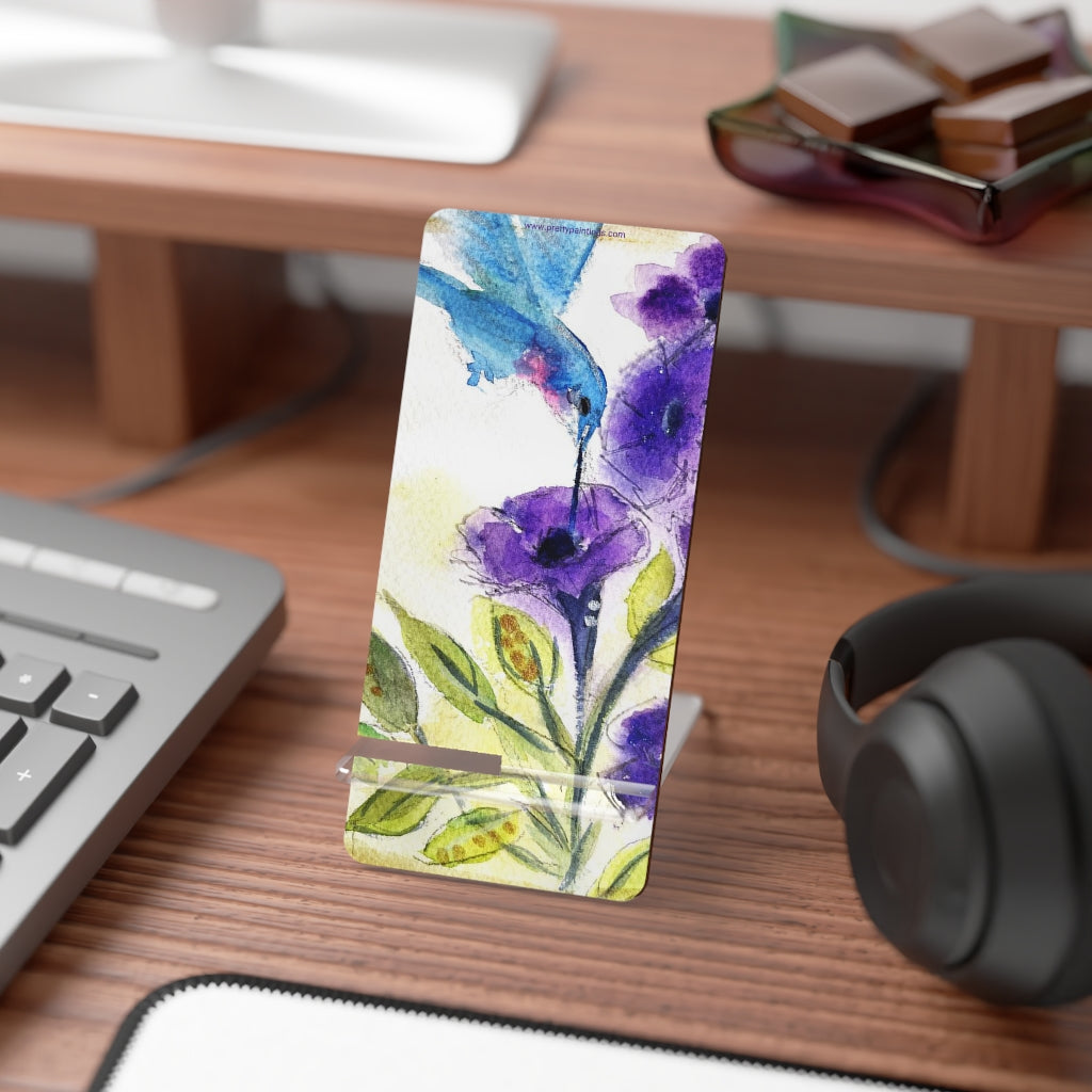 Blue Hummingbird with Purple Tube Flowers Phone Stand