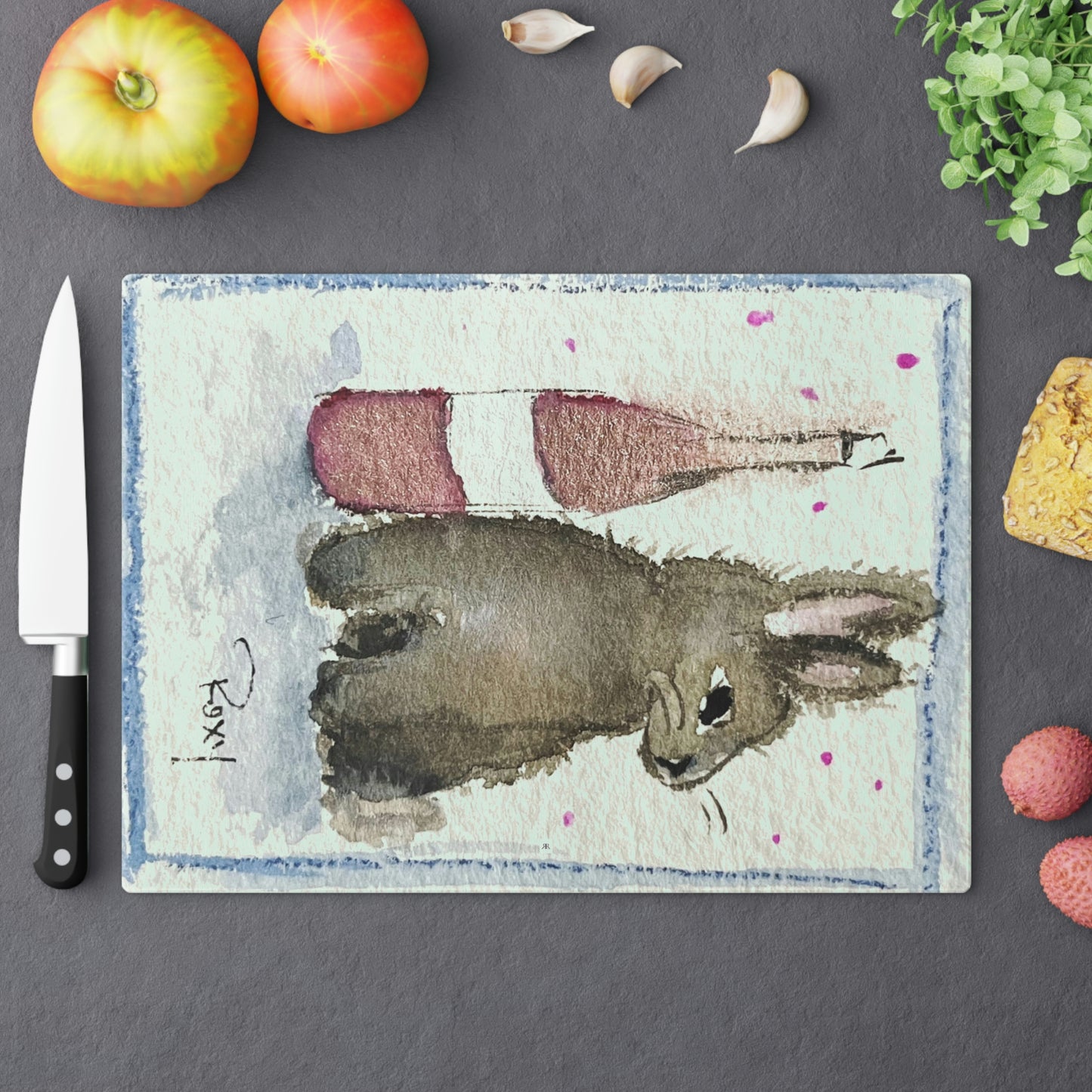 Drunk Bunny (Bunny and Bottle) Glass Cutting Board