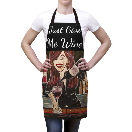 Just Give Me Wine Black Kitchen Apron  with Bartender Pouring Wine