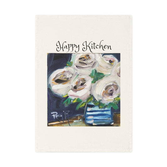 Paño de cocina de algodón orgánico vegano con Happy Kitchen y cuadro original al óleo de rosas blancas impreso en él.