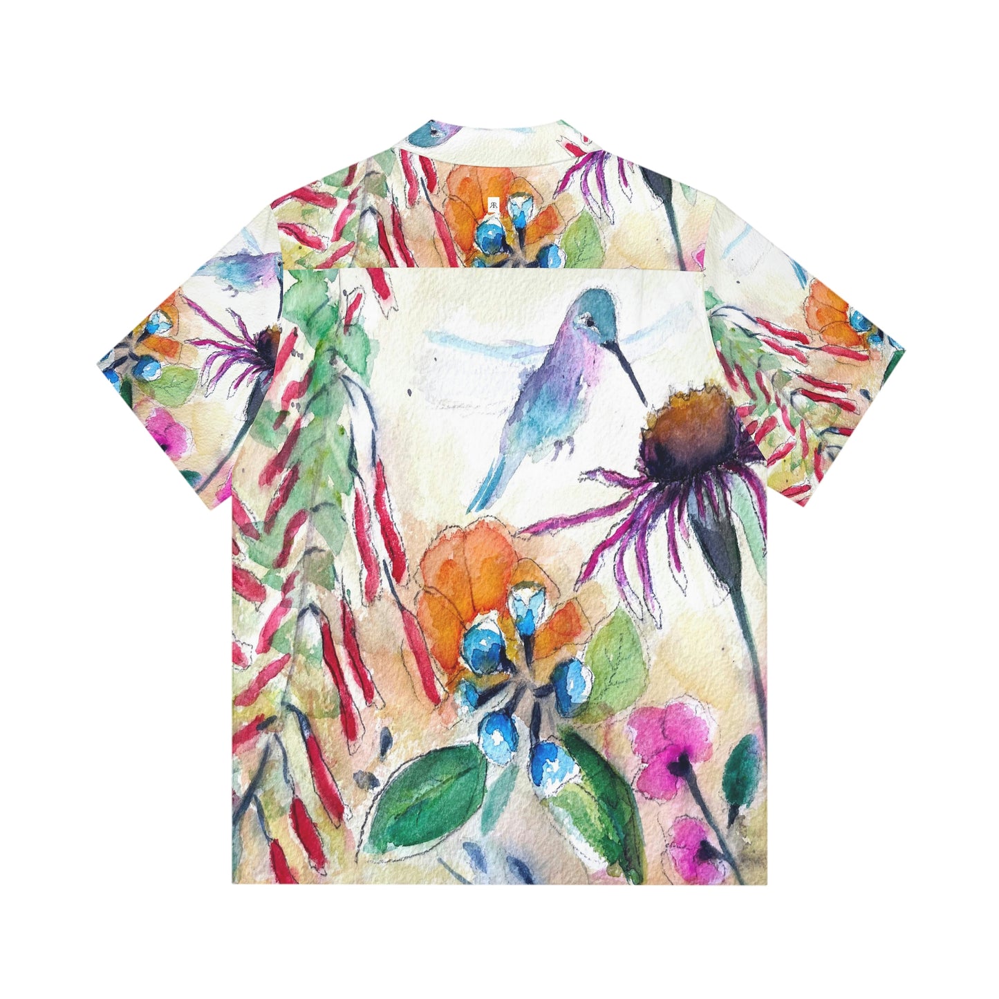 Hummingbird on a Coneflower Original Loose Floral Watercolor Men's Hawaiian Shirt