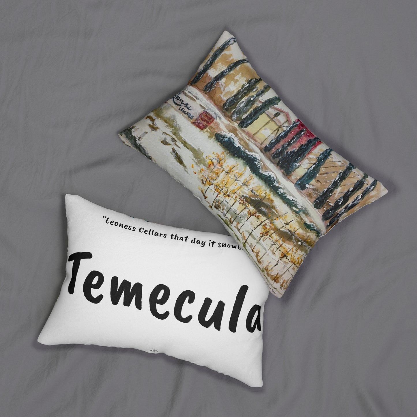 Oreiller lombaire Temecula avec la peinture « Leoness ce jour-là il a neigé » et « Temecula »