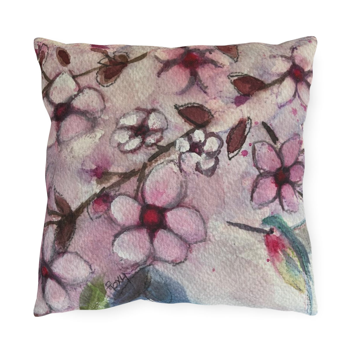 Hummingbird in Cherry Blossoms Outdoor Pillows