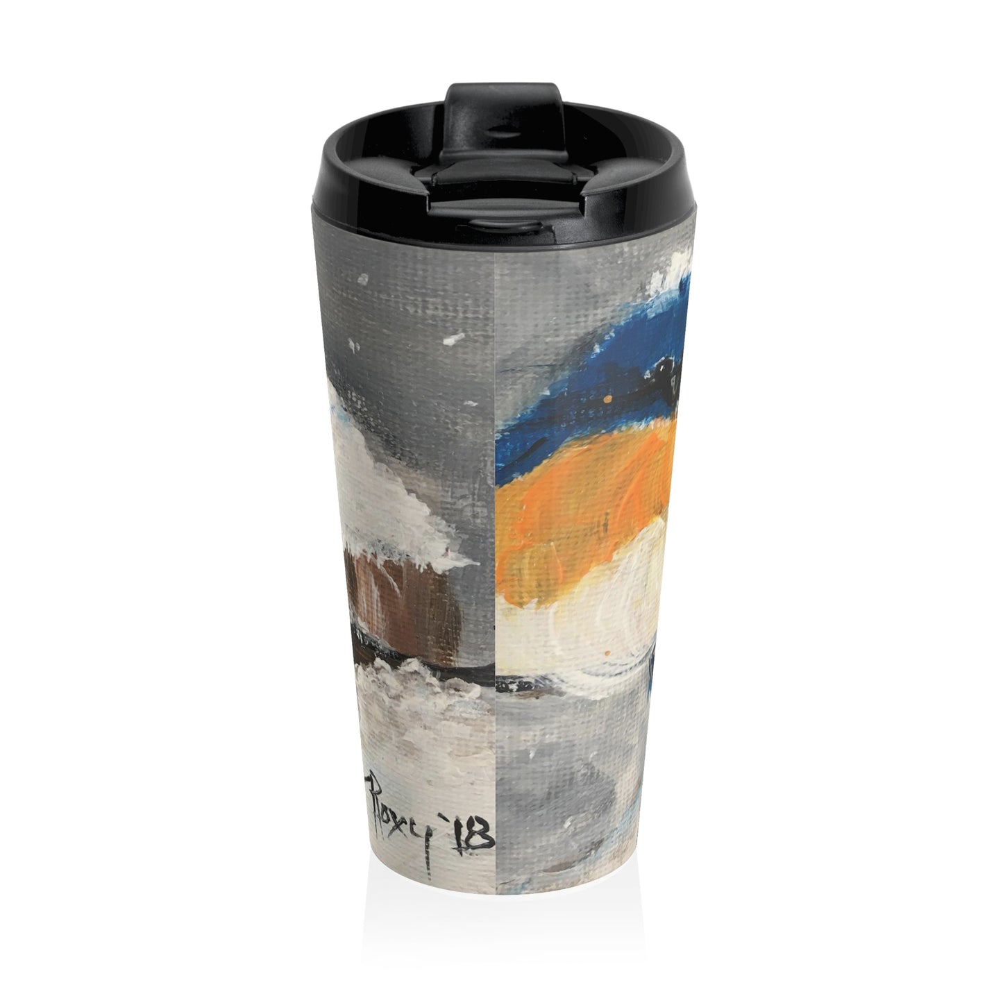 Fluffy Fat Bluebird perched on a Barbed Wire in Snow Stainless Steel Travel Mug