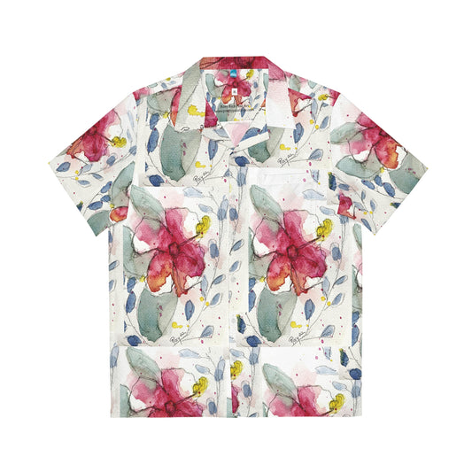 Hibiscus Flower Original Loose Floral Watercolor Painting Men's Hawaiian Shirt