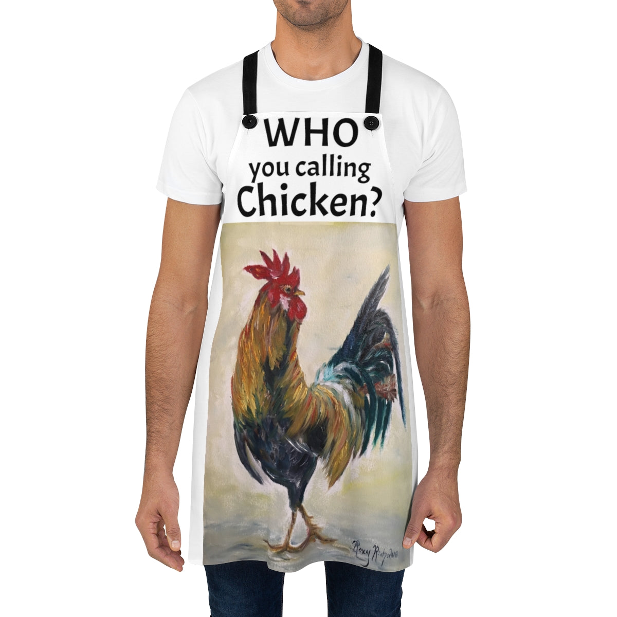 Pintura original de gallo ¿A quién llamas pollo? dicho divertido Impreso en blanco Delantal