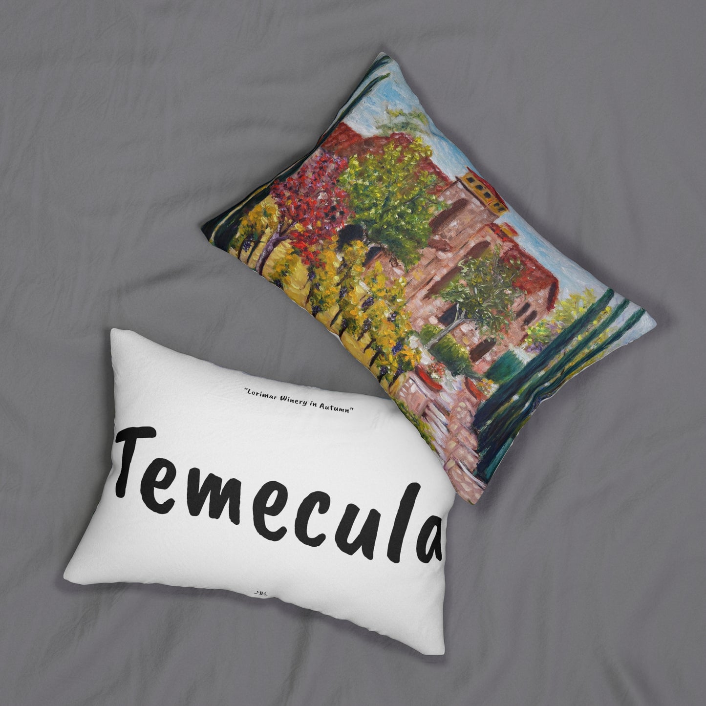 Almohada lumbar Temecula con pintura "Lorimar Winery in Autumn" y "Temecula"