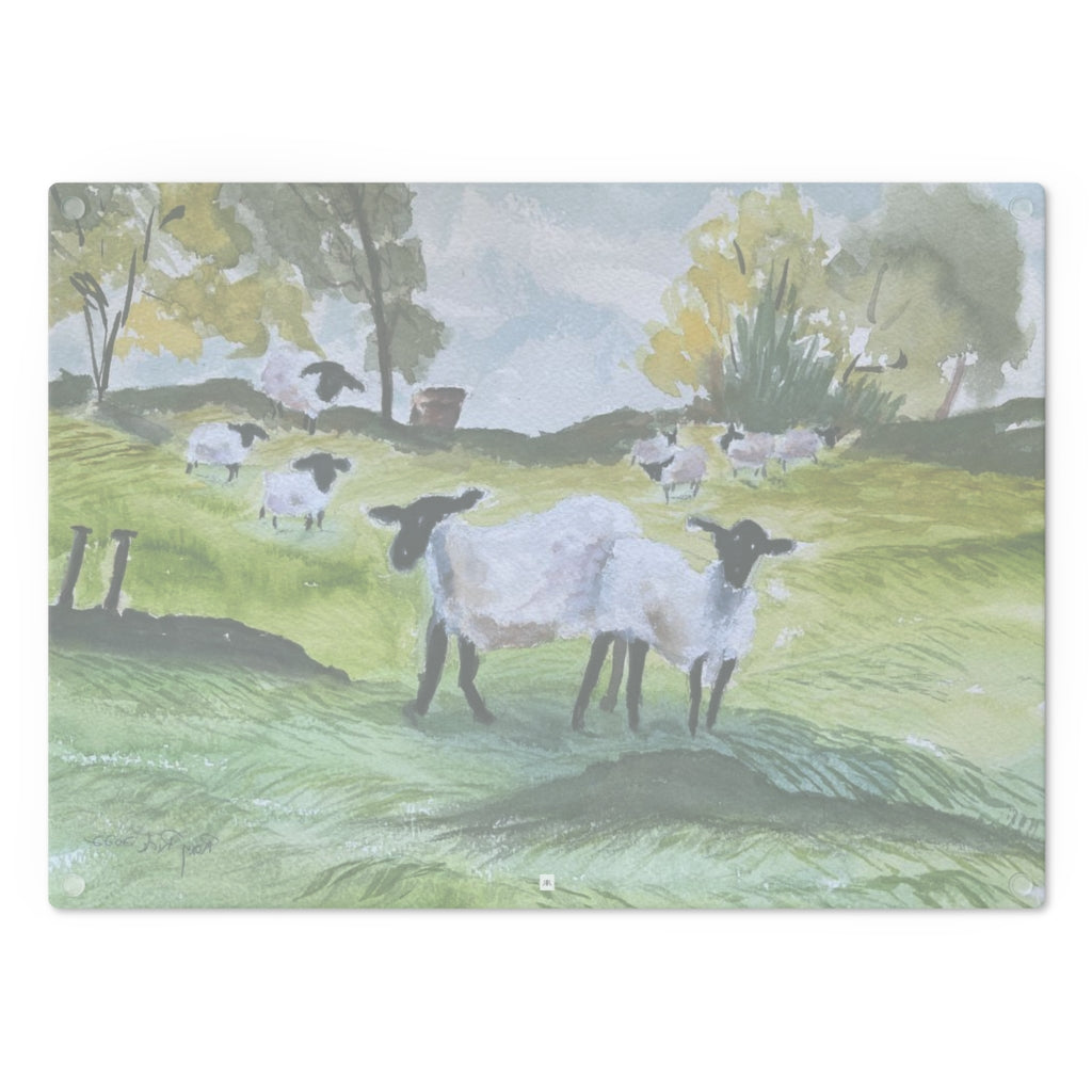 Sheep in the Countryside Glass Cutting Board