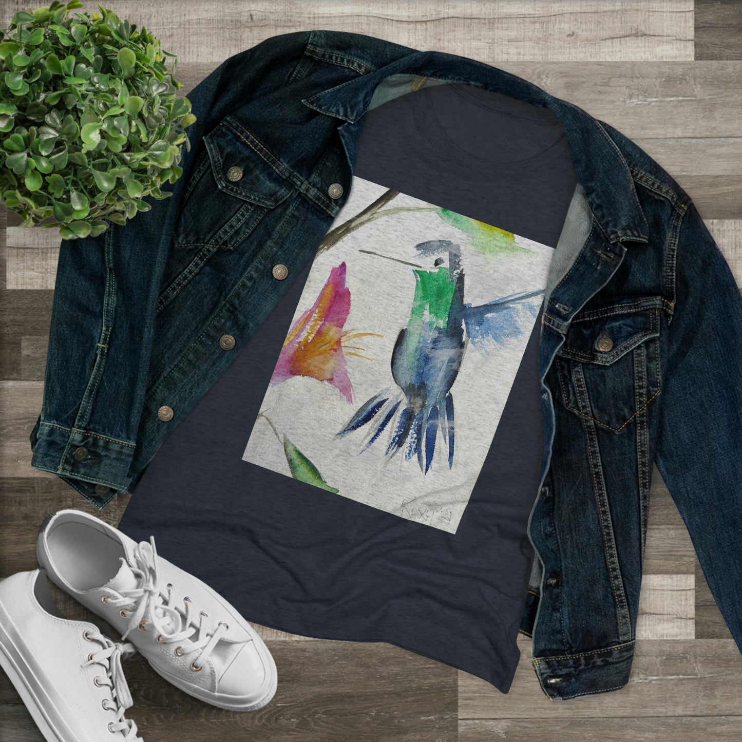 Floaty Hummingbird (image on front) Women's fitted Triblend Tee  tee shirt
